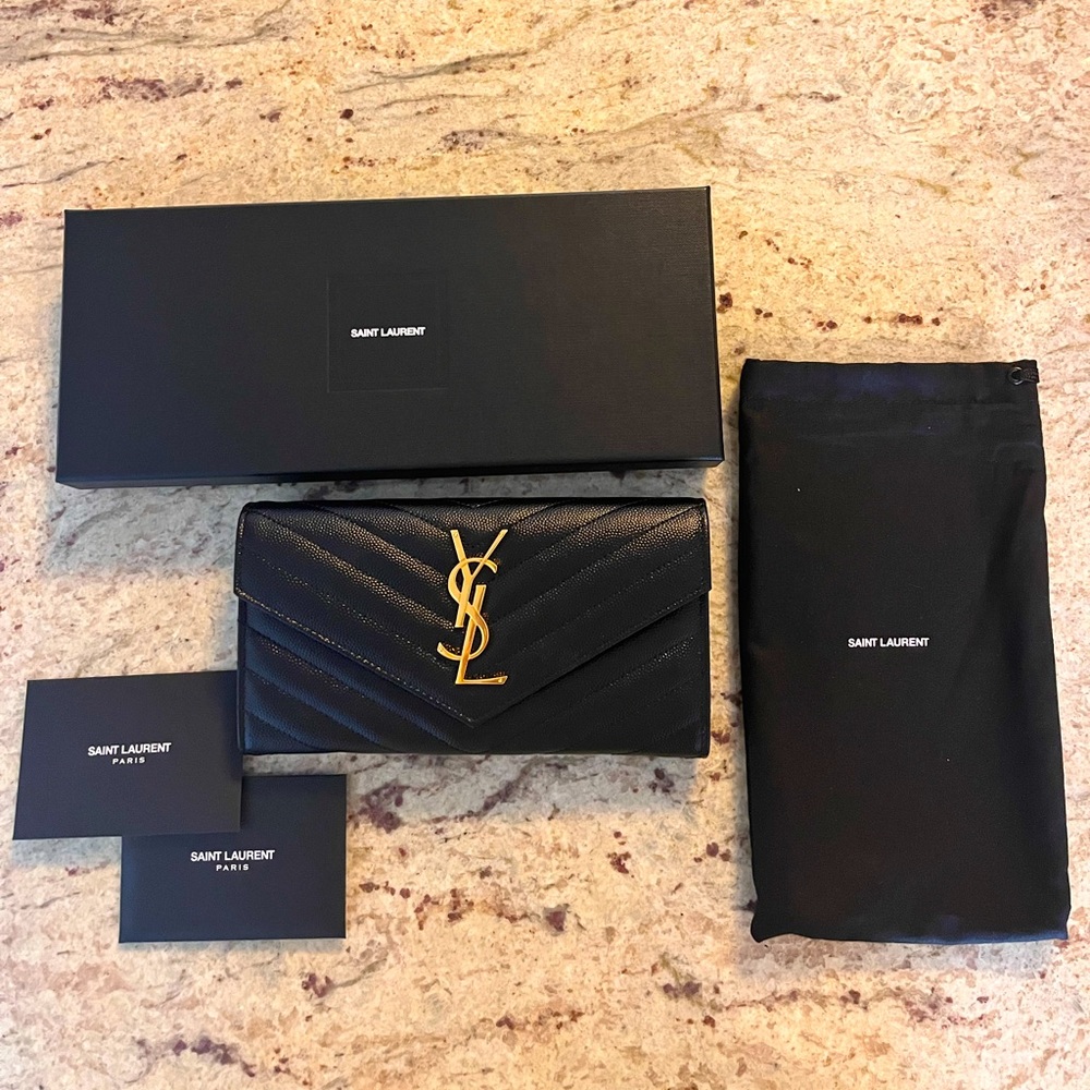 Saint Laurent Monogram Large Flap Wallet in Grain De Poudre Embossed Leather